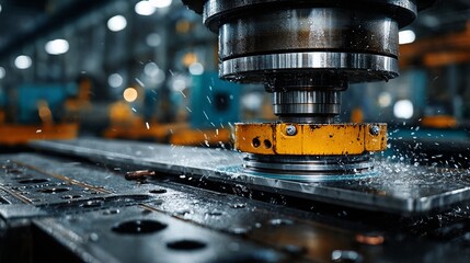Precision industrial machining in action, sparks fly as metal is expertly shaped by powerful machinery in a vibrant, modern factory setting for manufacturing innovation and engineering excellence.