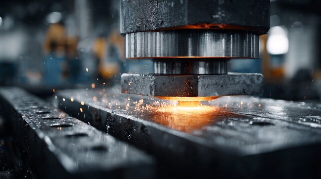 Powerful industrial machinery forging metal with intense heat and sparks, showcasing precision engineering and manufacturing excellence in a dynamic workshop setting.