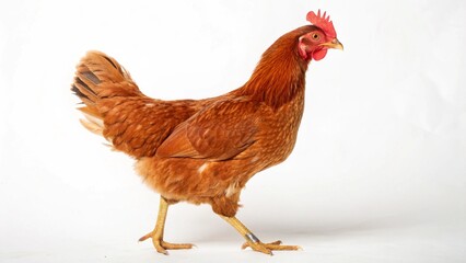Realistic New Hampshire Red Chicken on white studio background, reddish-gold poultry bird with bright comb and feathers, isolated farm animal portrait, professional lighting