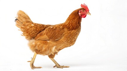 Realistic New Hampshire Red Chicken on white studio background, reddish-gold poultry bird with bright comb and feathers, isolated farm animal portrait, professional lighting