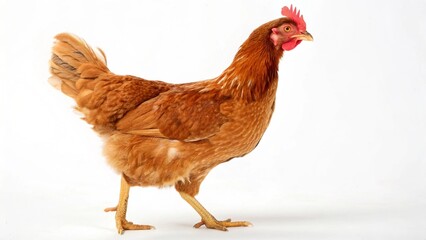 Realistic New Hampshire Red Chicken on white studio background, reddish-gold poultry bird with bright comb and feathers, isolated farm animal portrait, professional lighting