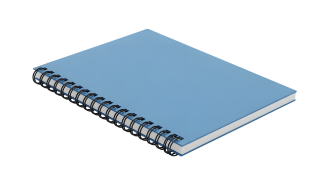 Blue spiral notebook isolated on transparent background blank notepad for writing, drawing, or notetaking school or office supply
