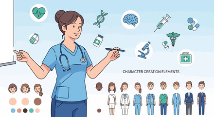 Healthcare education concept female doctor teaching with stethoscope and medical icons, vector character creation elements