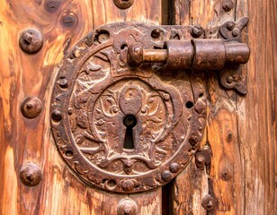 A close-up of an ornate, rusty metal bolt and lock mechanism set into an aged wooden door