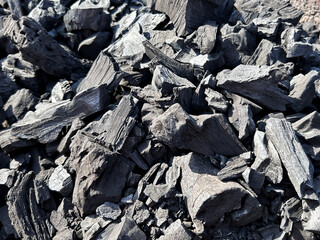 Pile of black charcoal pieces in sunlight showing rough texture.