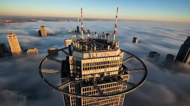 Aerial view of a skyscraper above the clouds at sunset, with antennae and a helipad