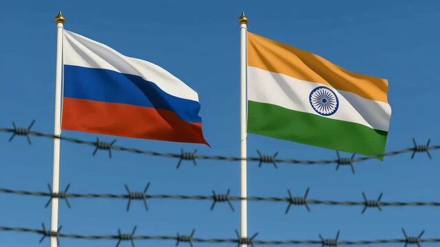 Russian and Indian flags behind barbed wire fence