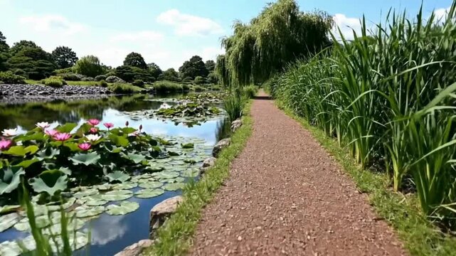 Scenic pathway through a lush garden featuring a tranquil pond with water lilies perfect for nature and relaxation themes
