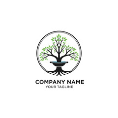 Obraz premium A circular logo featuring a stylized tree with green leaves and a dark trunk, incorporating a small water basin in its center, with placeholder text below.