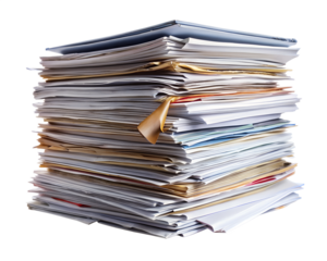 A large stack of papers and documents isolated on transparent background