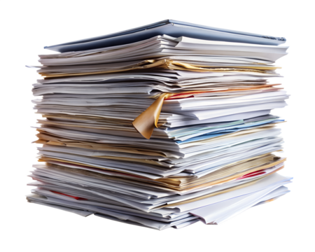 A large stack of papers and documents isolated on transparent background