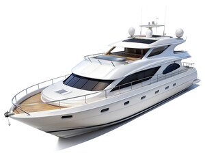 A luxurious white motor yacht with multiple decks cruising on the water isolated on transparent background
