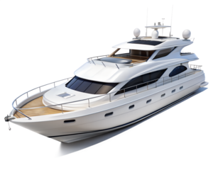 A luxurious white motor yacht with multiple decks cruising on the water isolated on transparent background