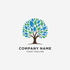 Obraz premium A vibrant logo featuring a stylized tree with a full crown of blue and green leaves, perfect for environmental or nature-related businesses.