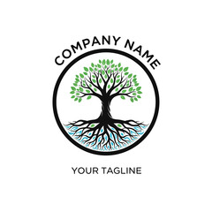 Obraz premium A circular logo featuring a stylized tree with green leaves and extensive roots submerged in water, symbolizing growth and nature.