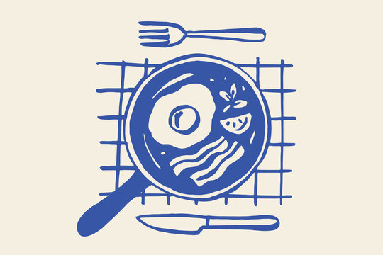 breakfast pan eggs bacon sketch blue brush line vector illustration