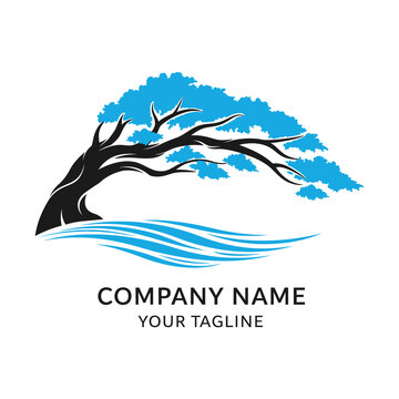 Stylized logo featuring a dark tree with vibrant blue leaves bending over a wavy blue water element, with placeholder text for company name and tagline.