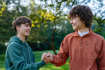 Friends enjoying a sunny day in the park while shaking hands and smiling at each other during an afternoon gathering © Iryna