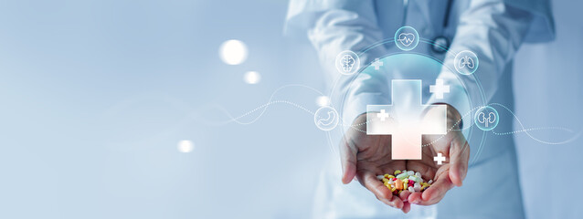 Medicine doctor, Healthcare and medical professional, Doctor hand holding pack of different tablet,...