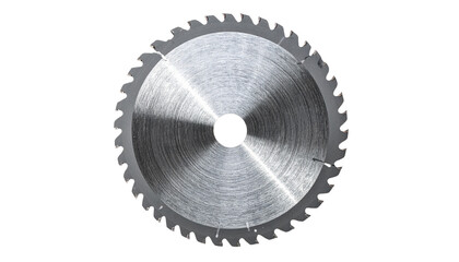 The circular saw blade, a toothed steel wheel, is a precision metal tool used by machinery for industrial cutting isolated on white background