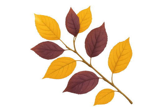 Autumn tree branch with yellow and red leaves showing seasonal colors of fall on transparent background