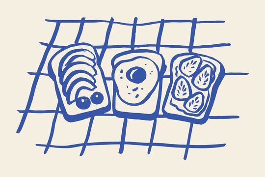 breakfast toasts avocado egg strawberry sketch blue brush vector illustration