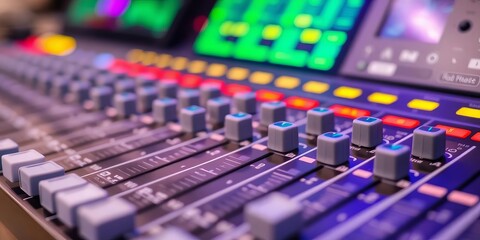 Close-up of audio mixer control panel with faders and knobs,  effects,  audio equipment