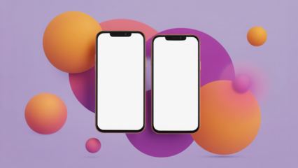 Transparent two modern smartphones with blank screens floating amidst abstract colorful spheres and shapes on a purple background, ideal for app promotion mockup