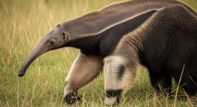 A close-up view of a giant anteater grazing in a grassy field.