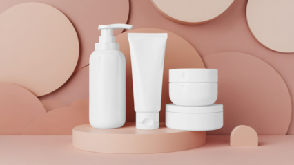 Transparent white cosmetic products, including a pump bottle, squeeze tube, and jar, displayed on a pink pedestal against a backdrop of abstract pink shapes mockup