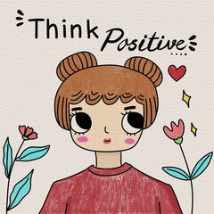 The quote Think Positive with a girl with brown hair in buns wearing a red sweater, painted by color pencil. 

