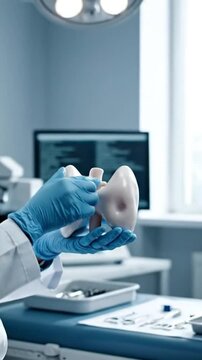 Medical Professional Examining Thyroid Model with Blue Gloves in Clinic a Comprehensive Visual Analysis for Health Care Related Purposes Featuring Pale Colors and Medical Instruments