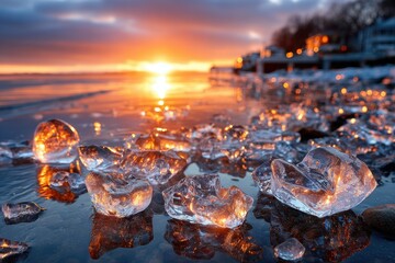 Ice Chunks Glow at Sunset on Frozen Lake