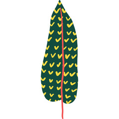 A stylized illustration of a dark green leaf with yellow check marks and a red stem on a white background