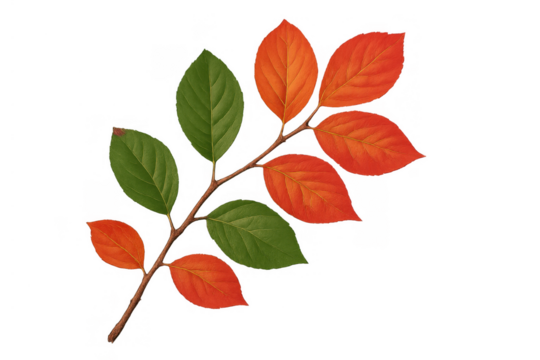 Branch with green and red fall leaves changing color, indicating seasonal transition on transparent background