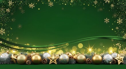 A festive green background with golden Christmas ornaments and snowflakes adorns the scene.