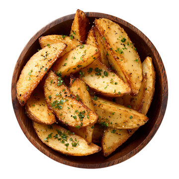Crispy potato wedges in wooden bowl top view isolated on transparent background