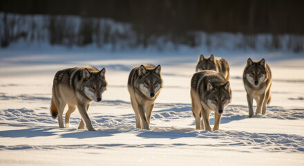 Naklejka premium A pack of gray wolves walking across a snowy, sunlit landscape.