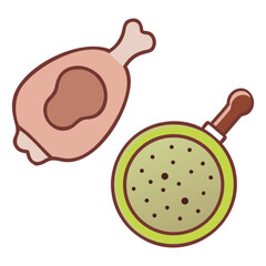 A cartoon illustration of a raw chicken leg and a frying pan filled with green peas and black pepper representing ingredients for a meal preparation
