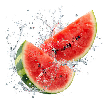 Fresh watermelon slices with water splash refreshing summer fruit on black background on transparent background