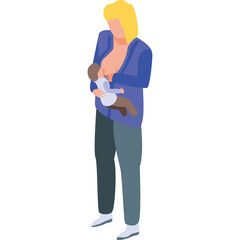 Mother Holding and Breastfeeding Her Baby With Blonde Hair Wearing Blue Cardigan and Gray Pants and White Shoes Isometric View on Transparent Background