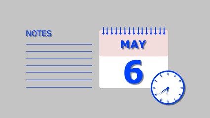 Fototapeta premium May 6 Calendar royal blue color 4k illustration, with Free for Notes and Writing element. Light gray background 4k illustration.