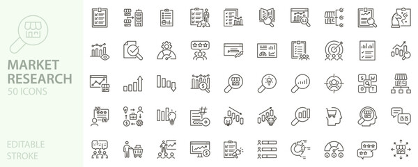 Market research icon set. Analytics, data, audience, strategy, insights, trends, growth icons. Thin line editable stroke vector illustrations