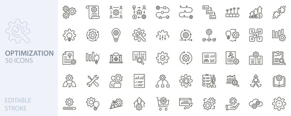 Optimization icon set. Workflow, performance, process improvement, automation, strategy, analytics, management, business analysis icons. Thin line editable stroke vector illustrations.
