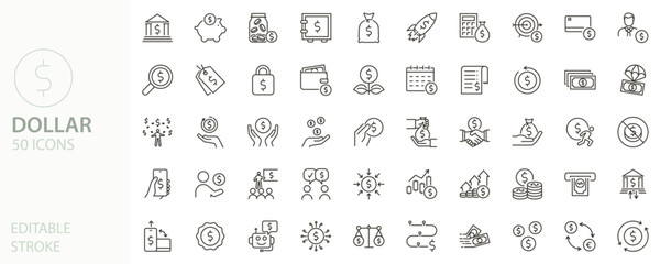 Dollar currency sign icon set. Finance, money, payment, banking, investment, price, bank, earning icons. Thin line editable stroke vector illustrations