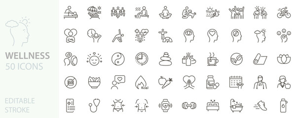 Wellness icon set. Health, self-care, mindfulness, mental health, healthcare, spa, wellbeing, yoga, meditation, healthy lifestyle, fitness icons. Thin line editable stroke vector illustrations.