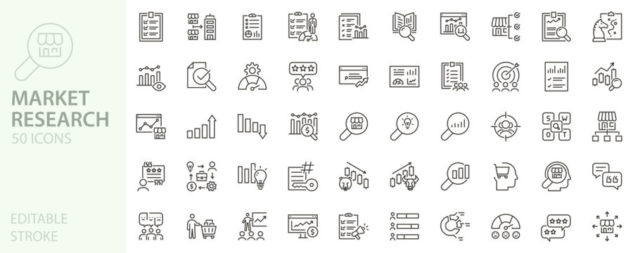 Market research icon set. Analytics, data, audience, strategy, insights, trends, growth icons. Thin line editable stroke vector illustrations