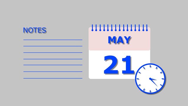 May 21 Calendar royal blue color 4k illustration, with Free for Notes and Writing element. Light gray background 4k illustration.