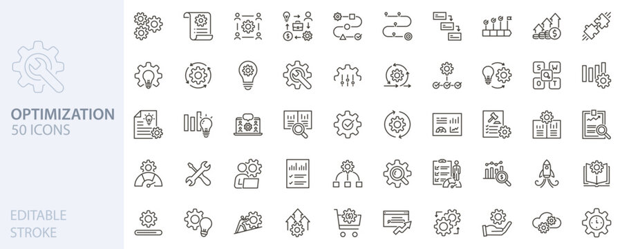 Optimization icon set. Workflow, performance, process improvement, automation, strategy, analytics, management, business analysis icons. Thin line editable stroke vector illustrations.