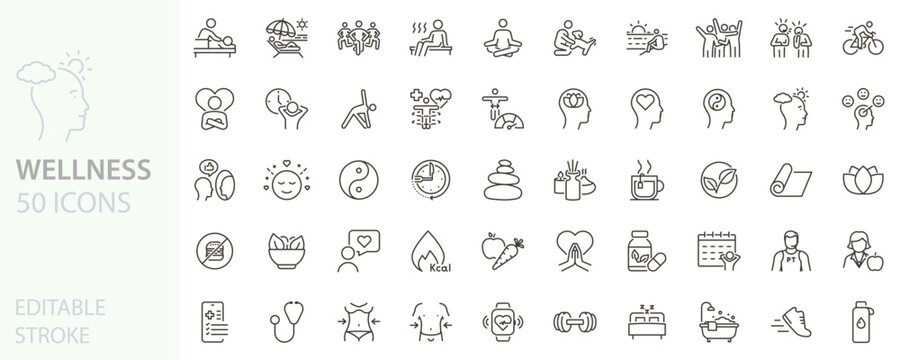 Wellness icon set. Health, self-care, mindfulness, mental health, healthcare, spa, wellbeing, yoga, meditation, healthy lifestyle, fitness icons. Thin line editable stroke vector illustrations. - Powered by Adobe